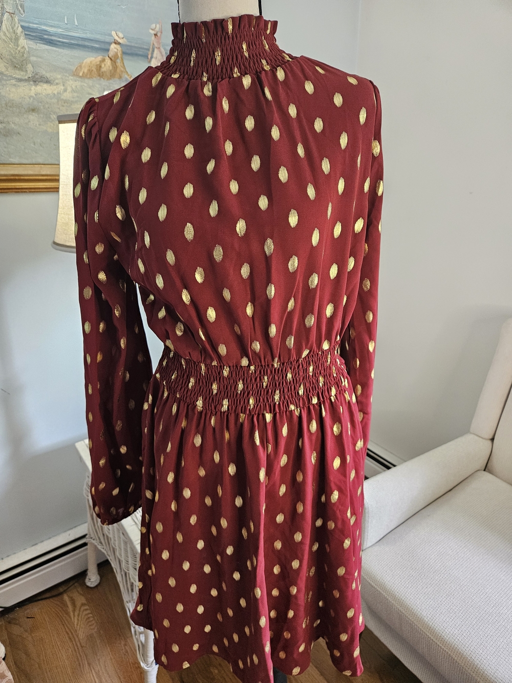 Women's Smocked Waist Long Sleeve Dress - Burgundy with Gold Dot. Holiday.p72